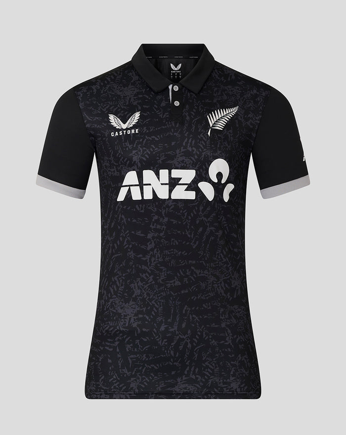 Mens ODI cricket polo shirt with dark pattern and ANZ sponsor across chest