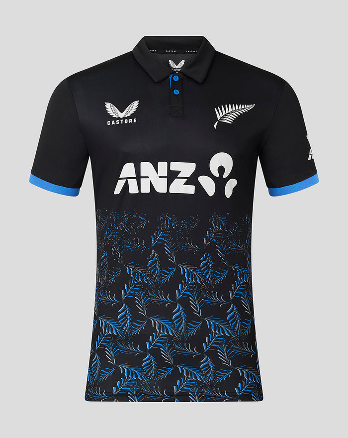 Women's black T20 short sleeve polo with fern crest, ANZ logo and blue sleeve trim.