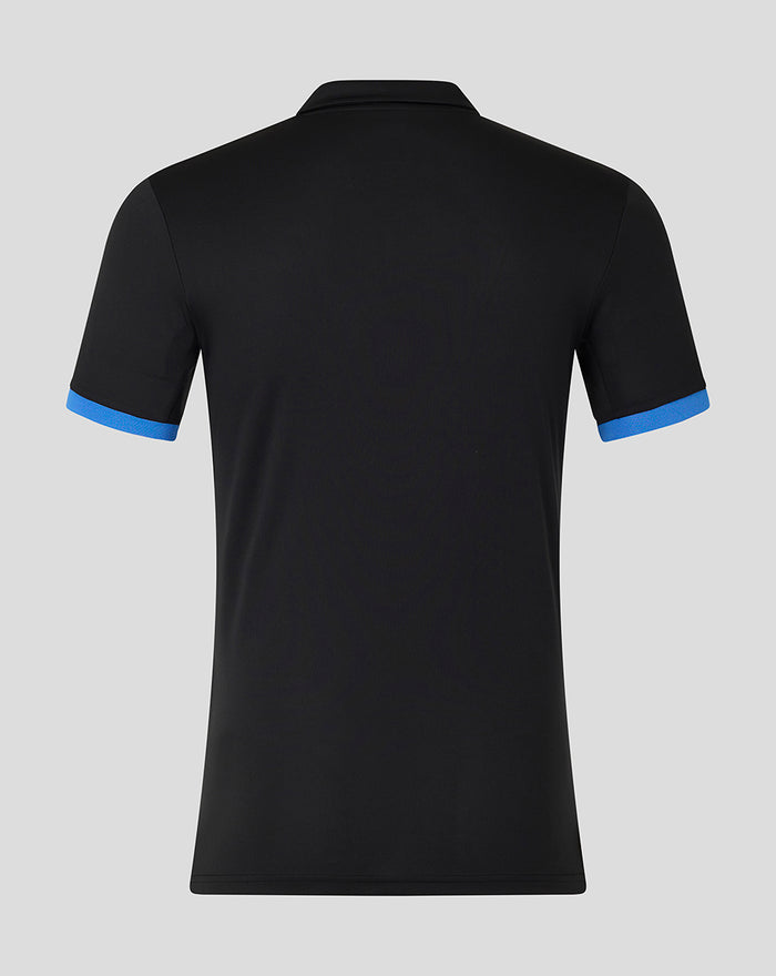 Back view of black mens T20 polo with blue sleeve cuffs