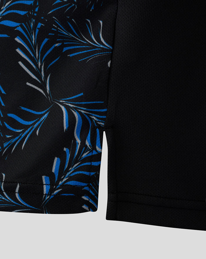 Black short sleeve shirt with blue tropical palm leaf print on the side panel