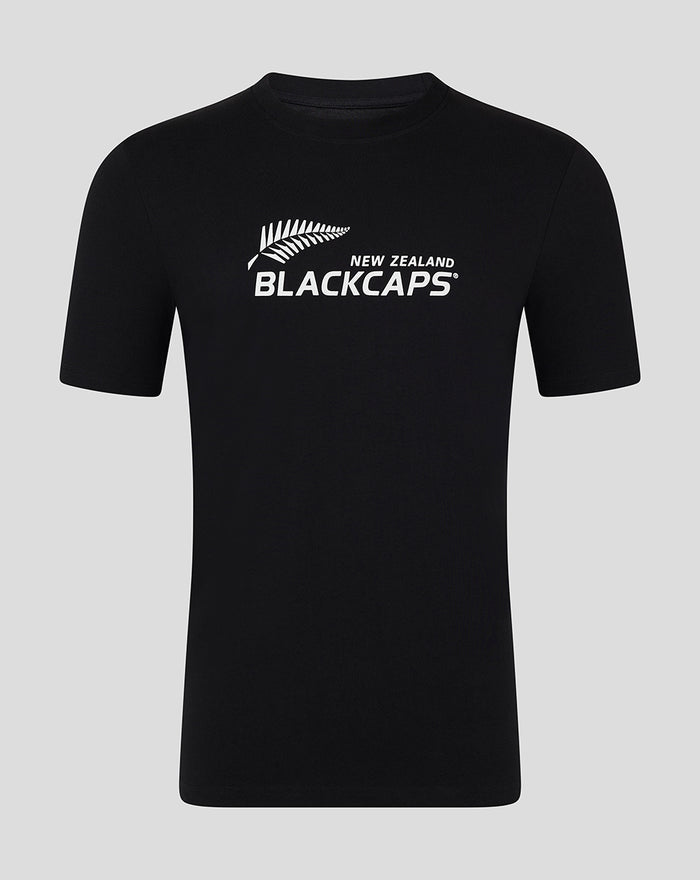 Adult Core Black Caps Tee in black with white fern logo and BLACKCAPS lettering on the chest