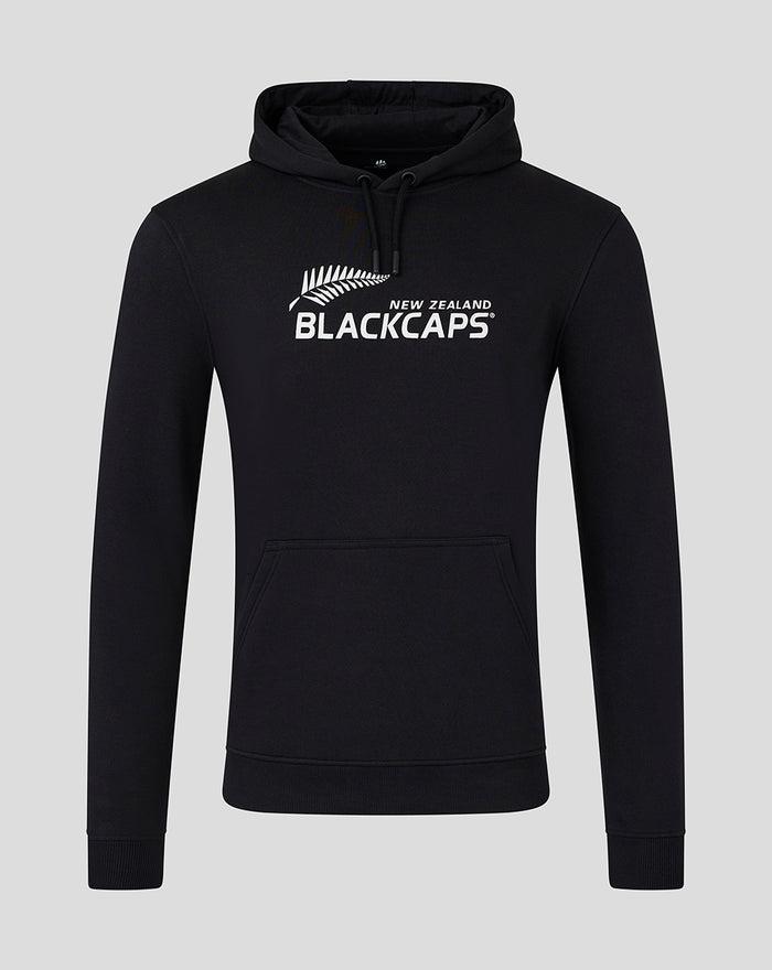 Adult Core Black Caps Overhead Hoody in black with white New Zealand BLACKCAPS logo on the chest and a front pocket.