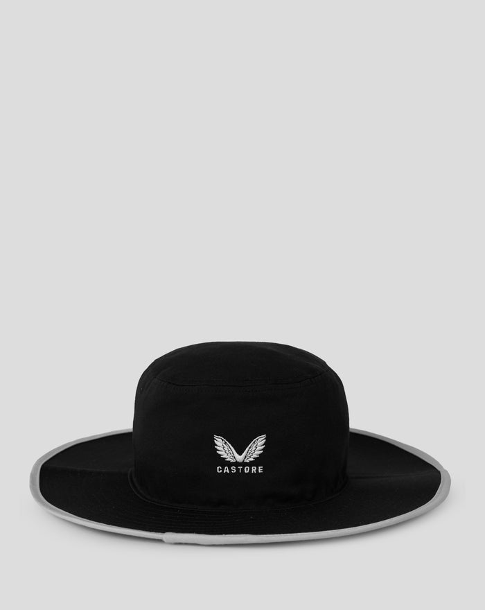 Adults 25/26 ODI wide brim hat in black with white fern logo and CASTORE text on the front