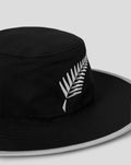 Close up of the black hat crown showing white fern embroidery