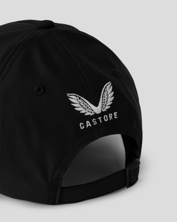 Black adults 25/26 ODI playing cap with white wing crest embroidery and Castore branding