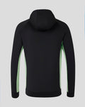 Back view of adult black training hoodie with mint green side panels and hood