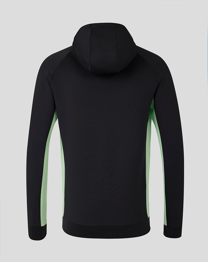 Back view of adult black training hoodie with mint green side panels and hood