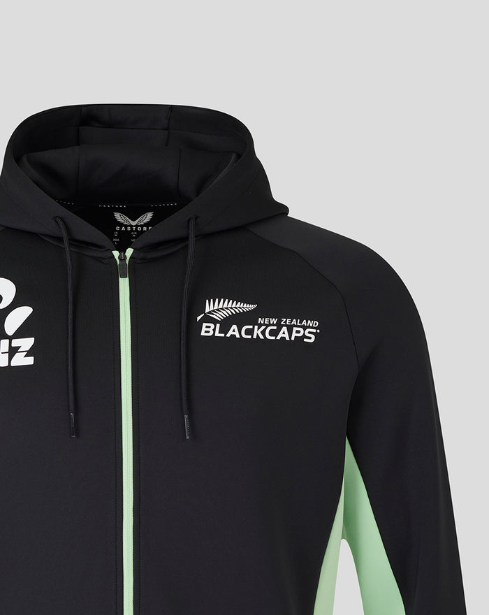 Adult black training full zip hoodie with mint green zipper and chest logos for ANZ and BLACKCAPS