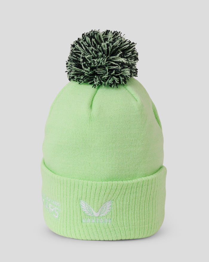 Adult lime green knitted bobble hat with a large two-tone fluffy pom-pom.